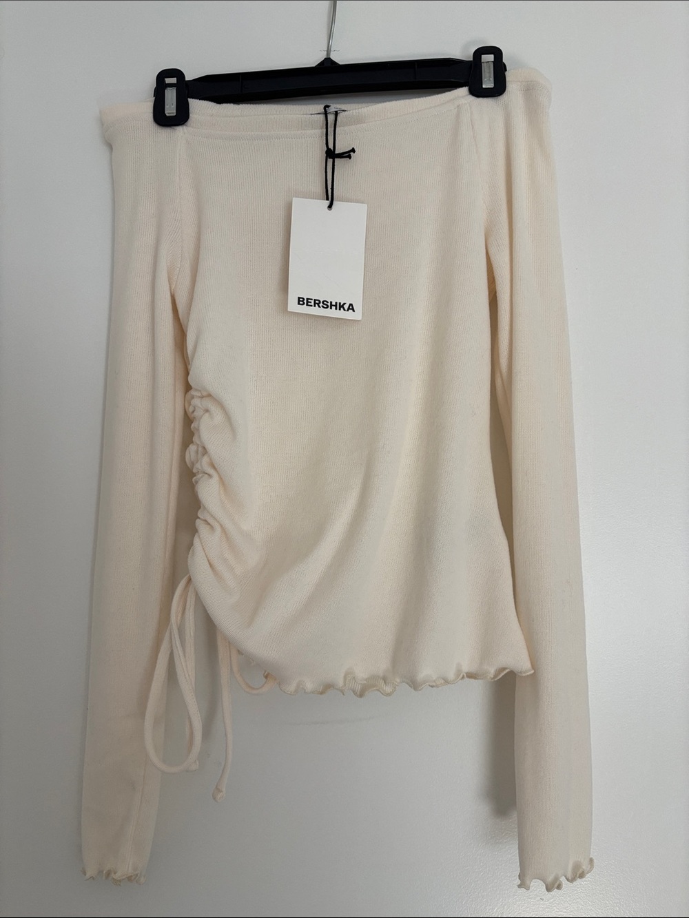 Bershka Cream Off-Shoulder Ruched Long Sleeve Top with Drawstring